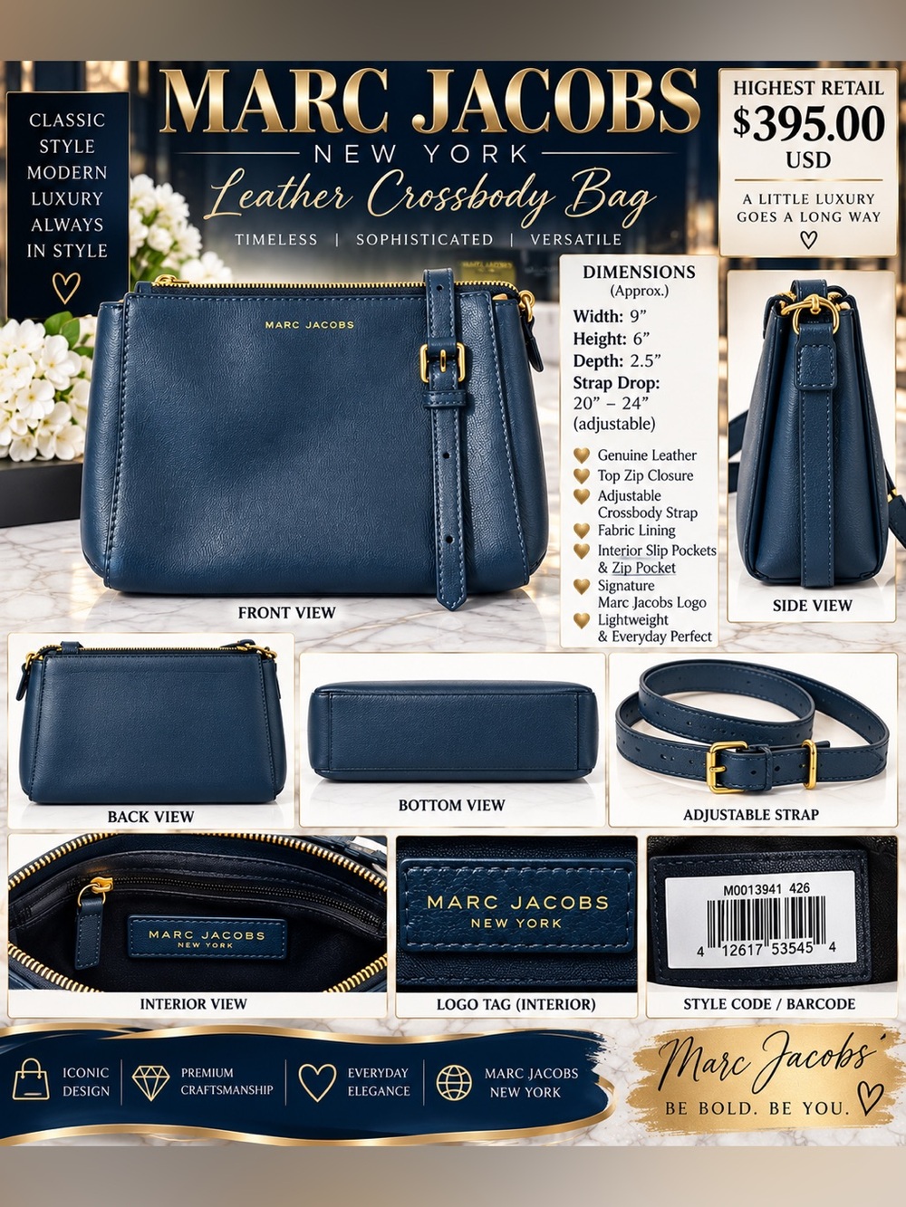Marc Jacobs Navy Blue Leather Crossbody Shoulder Bag with Gold Hardware